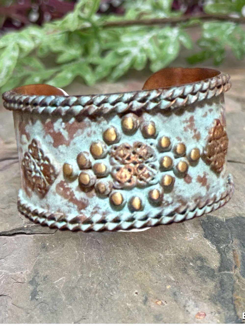 Diamond Shaped Rivets and Piligree Center Aqua Patina Cuff